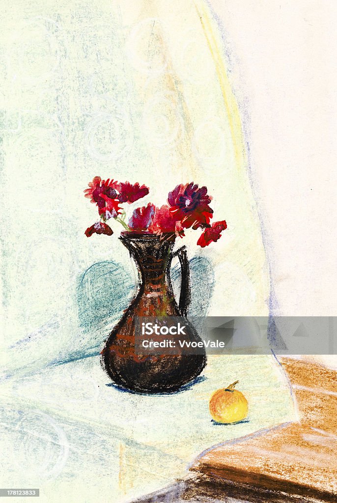 child's paiting - flower vase with red chrysanthemum childs painting - still life flower vase with red chrysanthemum and poppy Still Life stock illustration