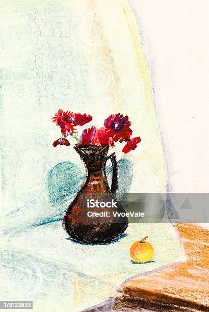 Childs Paiting Flower Vase With Red Chrysanthemum Stock Illustration - Download Image Now