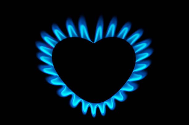 burning gas stove hob blue flames close up in the dark on a black background