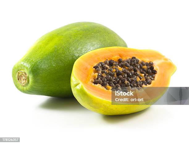 Half Cut And Whole Papaya Fruits Stock Photo - Download Image Now - Close-up, Cross Section, Cut Out