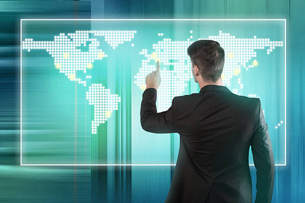istock Businessman pressing location on a world map screen 178127573