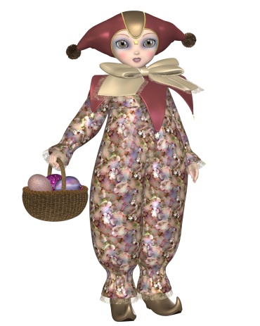 Cute Pierrot style clown doll from traditional French pantomime with a basket of Easter Eggs, 3d digitally rendered illustration