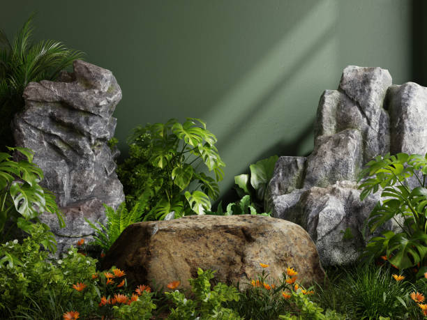 istock Stone platform in tropical forest for product presentation and green wall 1781297098