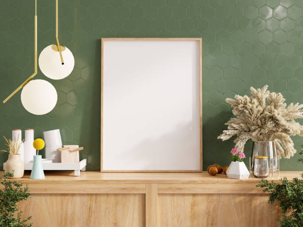 istock Mock up poster frame in kitchen interior and accessories with dark green wooden slatted wall background 1781297638