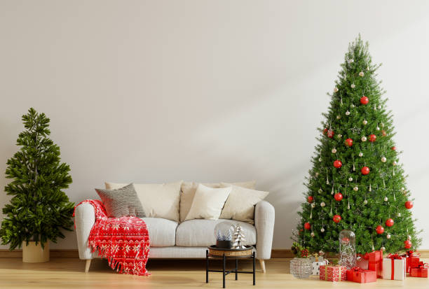 istock Living room christmas interior with velvet sofa on empty white background 1781298762