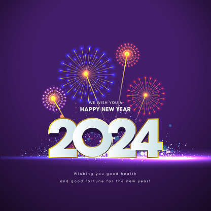 The Year 2024 Vector Logo And Fireworks With Text Space On A Blue Background. stock illustration
