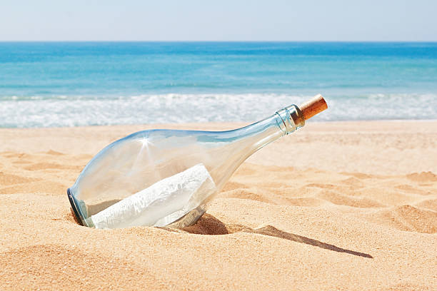 istock Bottle with a letter of distress on the beach. 178134452