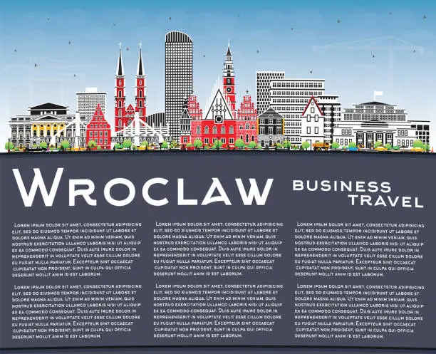 Vector illustration of Wroclaw Poland City Skyline with Color Buildings, Blue Sky and copy space. Wroclaw Cityscape with Landmarks. Business Travel and Tourism Concept with Historic Architecture.