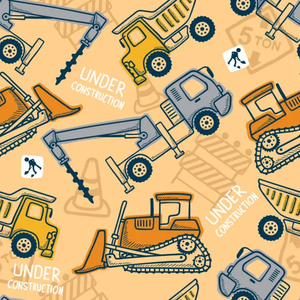 Vector illustration of Seamless pattern vector of construction vehicles cartoon with industrial element in hand drawing concept