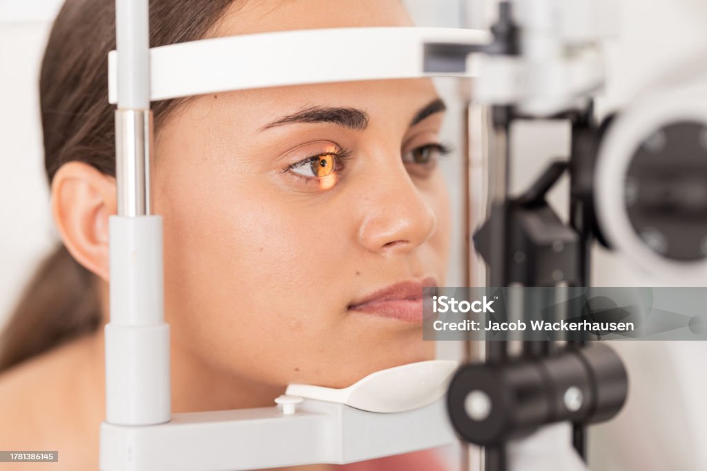 Eye Testing Project Vision Eyesight And Woman Gets Ophthalmology Eye Exam With Light On ...