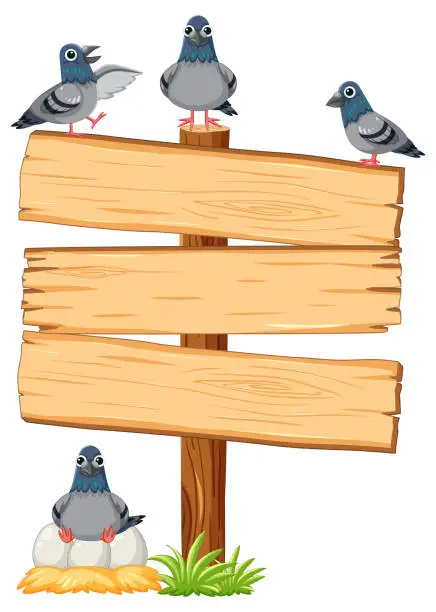 Vector illustration of Pigeons Gathering Around Wooden Frame Banner in Nature