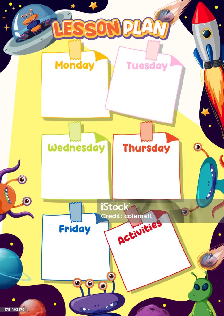 Alienthemed Weekly Lesson Plan With Note Template向量圖形及更多剪貼畫圖片 - 剪貼畫, 創作 ...