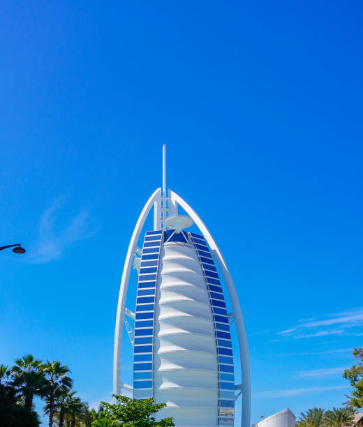 Dubai, United Arab Emirates - 26/10/2018 - Amazing view of Burj Al Arab, Seven Star Hotel, A view from Souk Madinat Jumeirah, Residential and Business Skyscrapers, Dubai, UAE