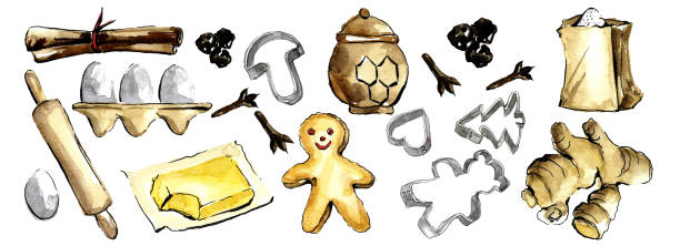 Christmas gingerbread baking set with heart and tree molds. Christmas gingerbread baking set with heart and tree molds. Spices, flour and eggs, rolling pin and butter,jar of honey, ginger root and cookies in the shape of man. Handmade watercolor painting gingerbread man cookie cutter stock illustrations