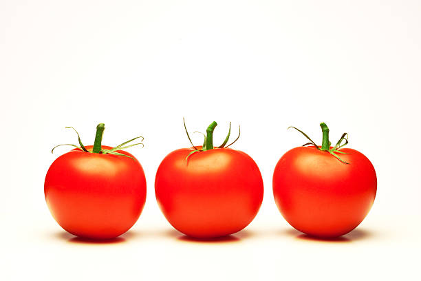 Three tomatoes. White background. stock photo