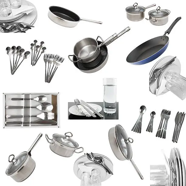 Collage of glasses, plates, dishware, utensil,pans. Isolated