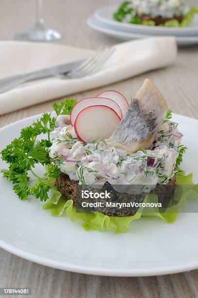 Foto de Tartare De Arenque Salgado Com Maçã E Rabanete e mais fotos de stock de Acompanhamento - Acompanhamento, Alimentação Não-saudável, Almoço