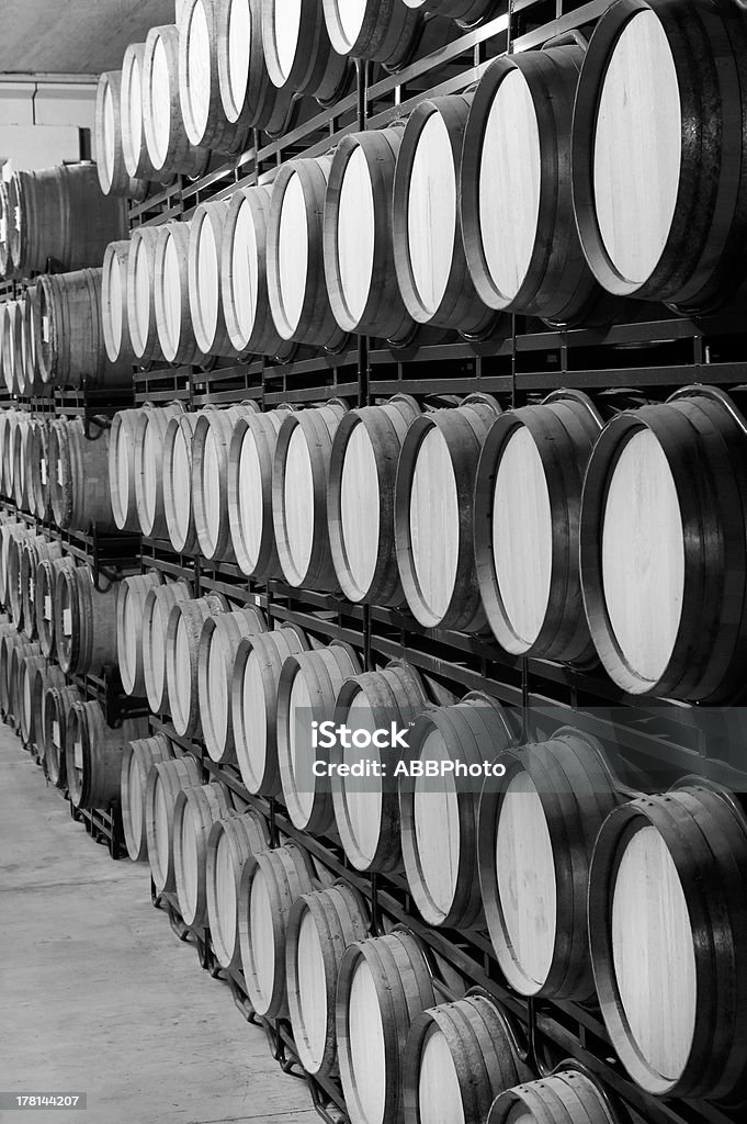Barris de vinho na adega de envelhecimento - Foto de stock de Adega - Característica arquitetônica royalty-free