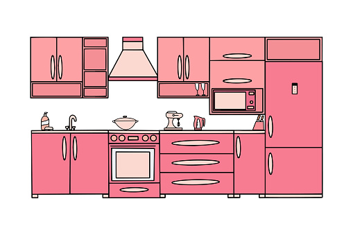 Pink kitchen set with built-in appliances. Pink toy kitchen kitchen design. Vector illustration. Vector