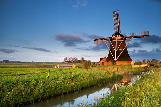 Dutch windmill in morning sunrise sunlight stock photo