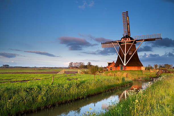 holenderski wiatrak rano wschód słońca promienie słoneczne - netherlands windmill farm farmhouse zdjęcia i obrazy z banku zdjęć