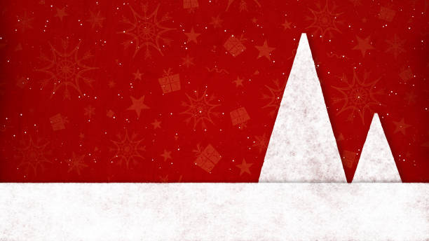 istock Horizontal Dark vibrant red maroon colored Xmas wallpaper with texture and small stars, snowflake shapes, swirls as watermark all over pattern and two white triangle shaped Christmas tree on a light smudged bottom edge for copy space or label 1781471517