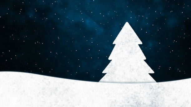 istock Horizontal Dark navy blue colored Xmas wallpaper with texture and small glittering stars all over pattern and one coniferous Christmas tree over snow hill bottom edge border at bottom edge for copy space or label and sun burst or light beam in backdrop 1781471518