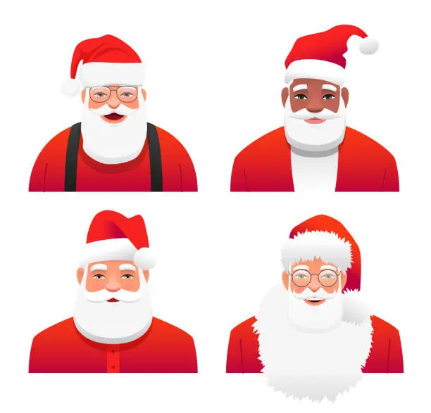 Vector illustration of A set of portraits of Santa Claus. A cheerful white Santa Claus in glasses, a red hat, with a gray beard and mustache. Black Santa. Elements for design.