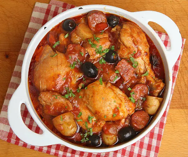 Spanish chicken casserole with chorizo, olives and new potatoes.