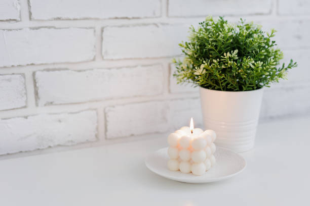 istock Burning white bauble candle with green plant on the table 1781482310