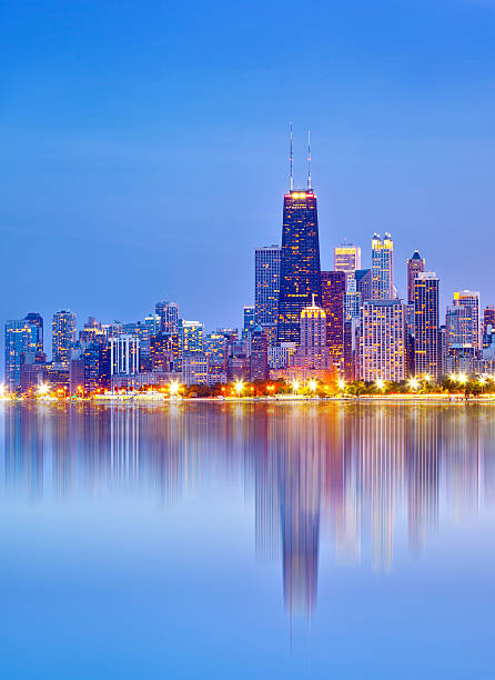 City of Chicago USA, colorful skyline panorama at sunset stock photo