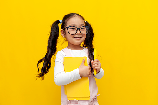 little asian girl with glasses holding notebooks and pen and smiling on yellow isolated background, korean smart preschool child with books teaches lessons, back to school concept
