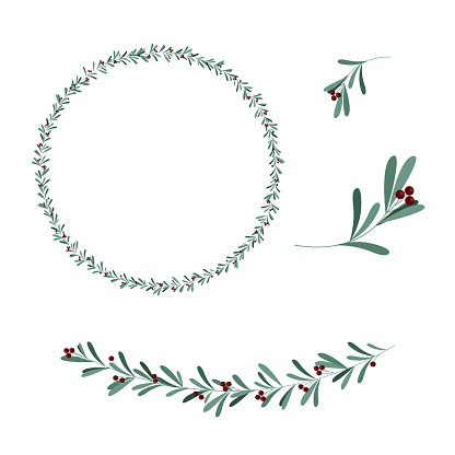 istock Set of Green leaves, berries and branches. Greenery eucalyptus, decorative wreath, frame pattern. Vector illustrations. Round banner made of branches with leaves, a circle and space for text 1781506959