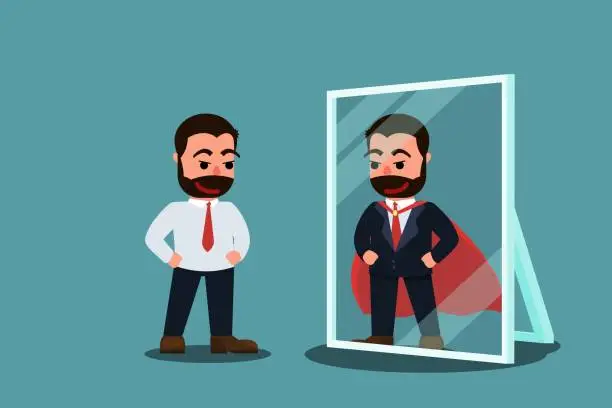 Vector illustration of A businessman stands confidently looking in a mirror, his reflection wearing a red cape like a superhero. The concept of having goals and ambitions to succeed in business. Self-confidence.