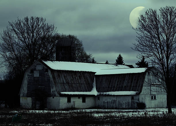 celeiro na cena nocturna - barn farm moon old imagens e fotografias de stock