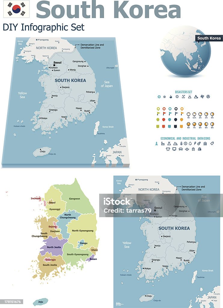 Südkorea Karten mit Markern - Lizenzfrei Asien Vektorgrafik