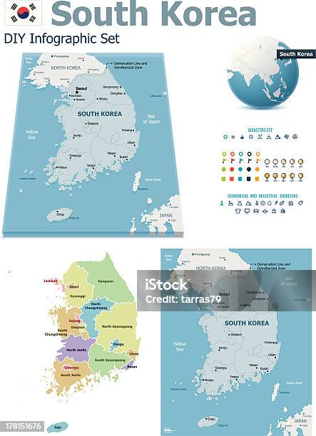 Ilustración de Mapas Con Marcadores De Corea Del Sur y más Vectores Libres de Derechos de Accidentes y desastres - Accidentes y desastres, Asia, Azul