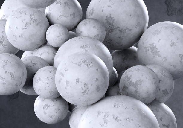 Abstract concrete balls on dark concrete background. Modern minimal geometric wallpaper, abstract fashion background. 3d render