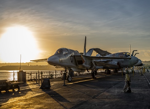 Boston, United States – April 15, 2023: The United States Air Force jets on the deck of the USS Midway Museum in San Diego, California