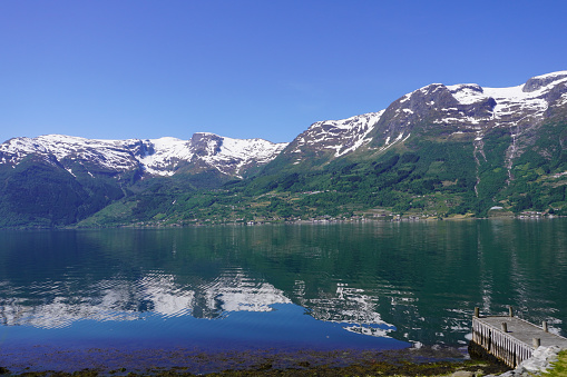 Reflections in the fjord  of the snowy mountains in norway in summer.
