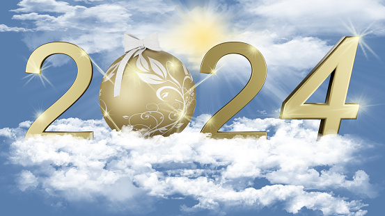 3D illustration. New Year 2024. New Year, 2024 in numbers, to celebrate the arrival of the new year, suspended in the sky among the clouds, 2024 replaces and chases away 2023.