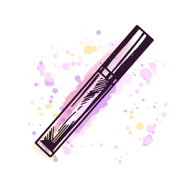 Vector illustration of Hand-drawn lip gloss, liquid lipstick or liquid eye shadow, beauty cosmetic element, self care. Illustration on a watercolor pastel background with splashes of paint. Useful for beauty salon, cosmetic store, makeup design. Doodle sketch style.