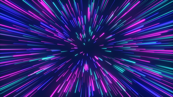 Embark on a mesmerizing journey through the cosmos with this abstract space travel image. Radiating in vibrant purple and blue neon glow colors, it evokes a sense of wonder and exploration. As you venture through this digital universe, be captivated by the dynamic streaks, futuristic patterns, and the concept of traveling through hyperspace. This image is a visual delight, perfect for adding a touch of science and technology to your creative projects.