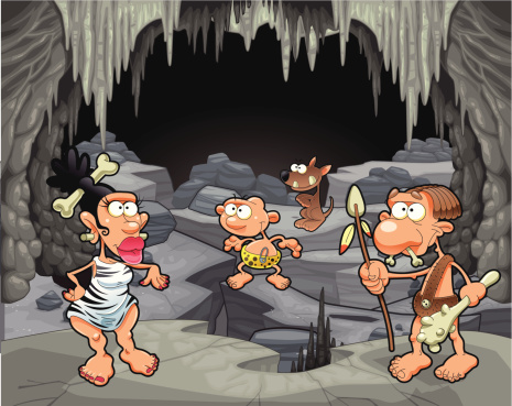 Funny prehistoric family in the cavern. Cartoon and vector illustration