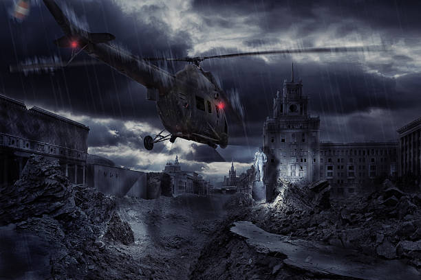 istock Helicopter over ruined city during storm 178153798