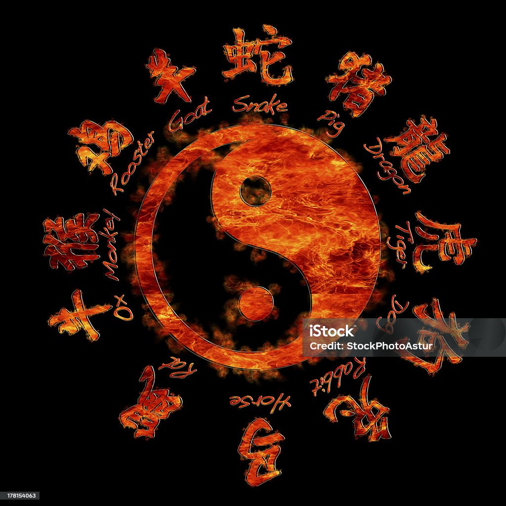 Chinese zodiac. Illustration with Chinese zodiac signs and yin yang. Astrology Sign Stock Photo