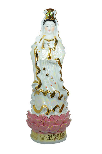 Guan Yin Buddha Statue Standing on Lotus Flowe On White Background