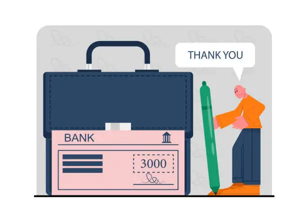 Vector illustration of Man holding big pen and looking at signed bank check