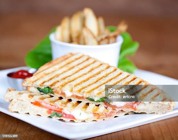 Grilled Caprese Sandwich With Fried Potatoes Stock Photo - Download Image Now - American Culture, Beefsteak Tomato, Bread