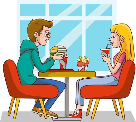 Illustration of a Man and Woman Sitting at a Fast Food Restaurant